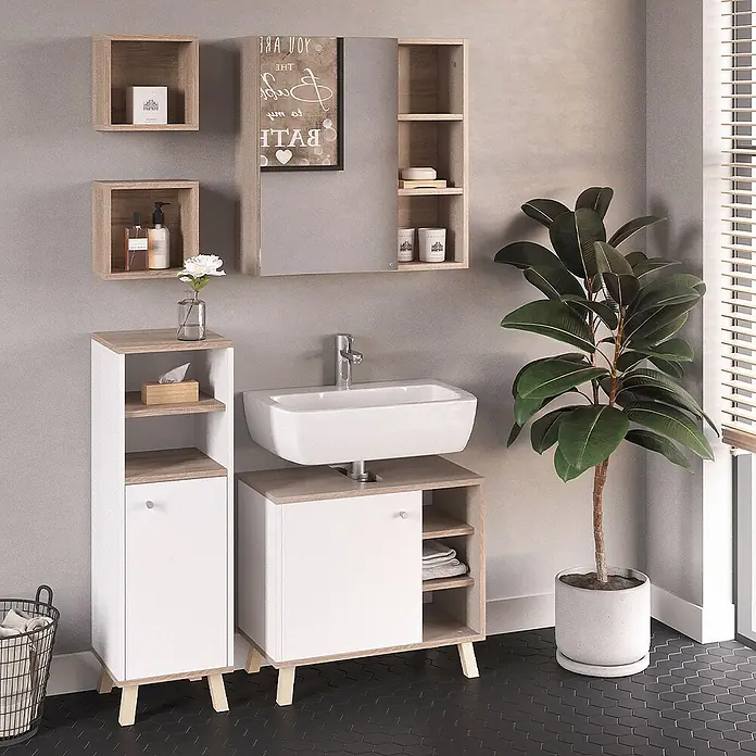 Vicco Badmöbel-Set Senyo Weiß 4 Teile, mit Midischrank - Gesamtbreite Badmöbel: 90 cm, Weiß, Matt - Weißes und helles Holzdekor Badmöbelset mit Waschtischunterschrank, Hochschrank, Wandregalen und Spiegelschrank, stilsicheren Stauraum bietend.