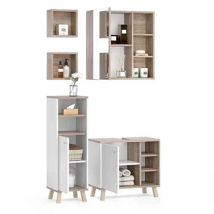 Vicco Badmöbel-Set Senyo Weiß 4 Teile, mit Midischrank - Gesamtbreite Badmöbel: 90 cm, Weiß, Matt - Weißes und helles Holz Badezimmer-Aufbewahrungsset: Wandregale, Spiegelschrank und Stehschränke.