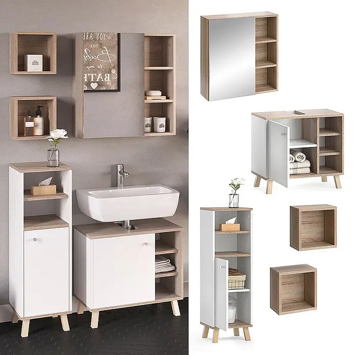 Vicco Badmöbel-Set Senyo Weiß 4 Teile, mit Midischrank - Gesamtbreite Badmöbel: 90 cm, Weiß, Matt - Modernes Badmöbel-Set mit weißen Schränken, hellen Holzdetails und Spiegel, im Bad und einzeln dargestellt.