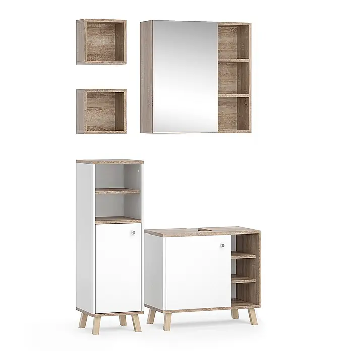 Vicco Badmöbel-Set Senyo Weiß 4 Teile, mit Midischrank - Gesamtbreite Badmöbel: 90 cm, Weiß, Matt - Badezimmermöbel-Set in Weiß und heller Holzoptik: Spiegelschrank, Wandregale und zwei Unterschränke mit offenen Fächern und Türen.