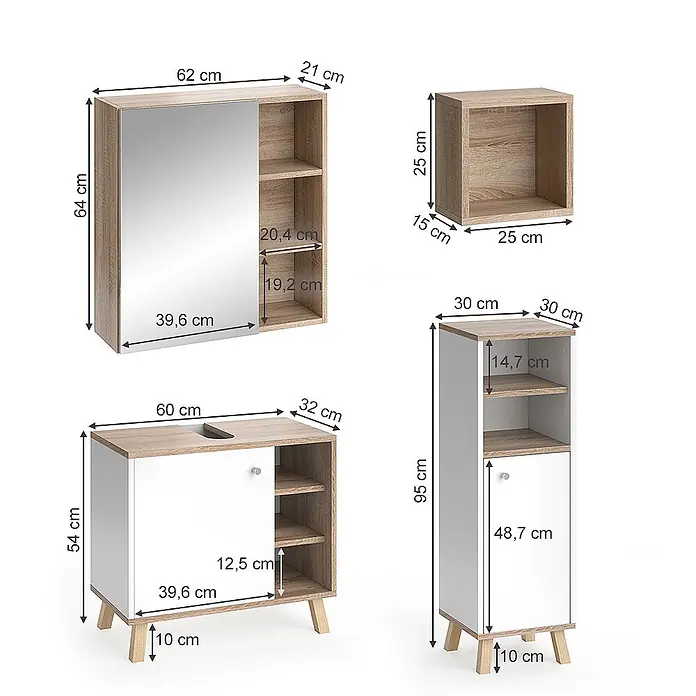 Vicco Badmöbel-Set Senyo Weiß 4 Teile, mit Midischrank - Gesamtbreite Badmöbel: 90 cm, Weiß, Matt - Modernes Badezimmermöbelset in Weiß und heller Holzoptik mit Spiegel, Waschtisch und Schränken auf Beinen.