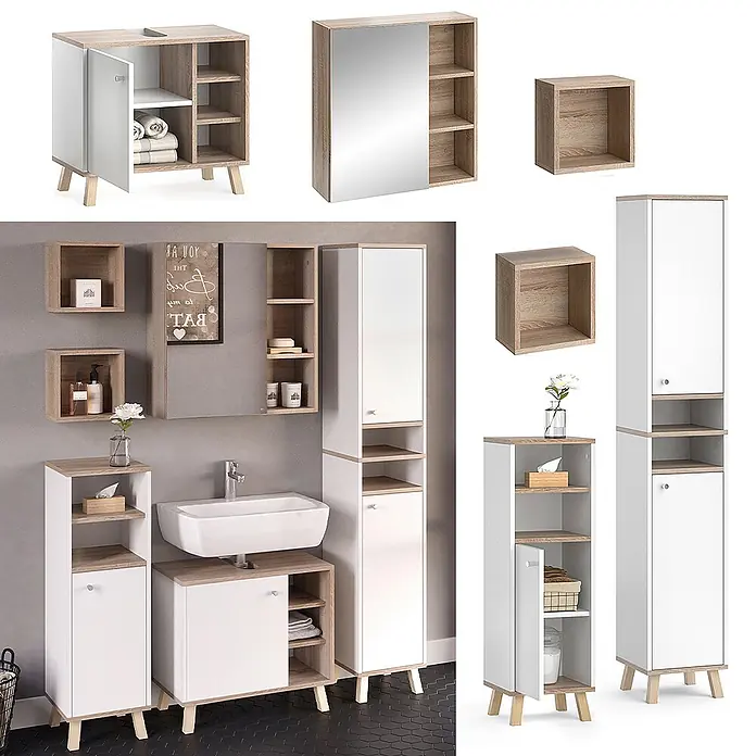 Vicco Badmöbel-Set Senyo Weiß 5 Teile, mit Hochschrank - Gesamtbreite Badmöbel: 120 cm, Weiß, Matt - Weißes Badmöbel-Set im Eichen-Look mit Waschtischunterschrank, Spiegelschrank und Hochschränken für modernes Badambiente.