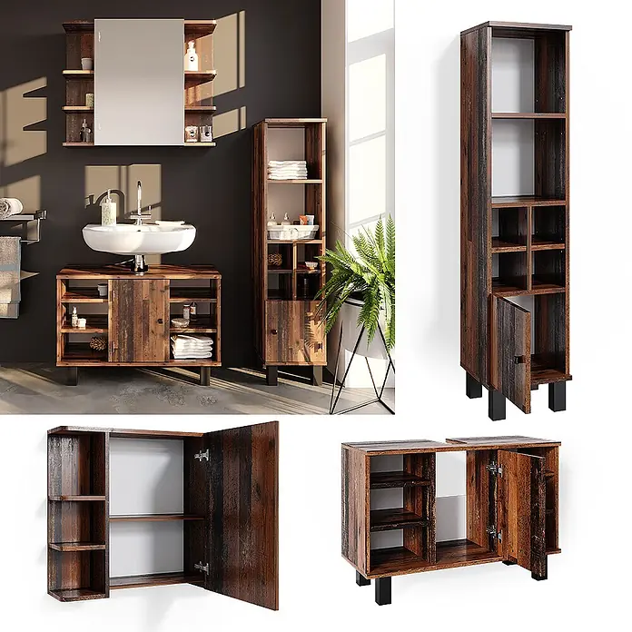 Vicco Badmöbel-Set Fynn Eiche rustikal 3 Teile, mit Midischrank Tür klein - Gesamtbreite Badmöbel: 110 cm, Eiche rustikal, Matt - Rustikales Badmöbel-Set aus dunklem Holz: Waschtischunterschrank mit Waschbecken, hoher Schrank und wandmontierter Spiegelschrank, im modernen Bad.