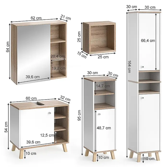 Vicco Badmöbel-Set Senyo Weiß 5 Teile, mit Hochschrank - Gesamtbreite Badmöbel: 120 cm, Weiß, Matt - Modulares Badmöbel-Set in heller Holzoptik und Weiß, mit verschiedenen Schränken und Spiegel.