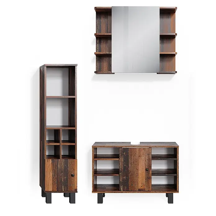 Vicco Badmöbel-Set Fynn Eiche rustikal 3 Teile, mit Midischrank Tür klein - Gesamtbreite Badmöbel: 110 cm, Eiche rustikal, Matt - Drei rustikale dunkle Holz-Badezimmermöbel: ein Spiegelschrank, ein hoher Schrank und ein Waschtischunterschrank mit Schiebetür.