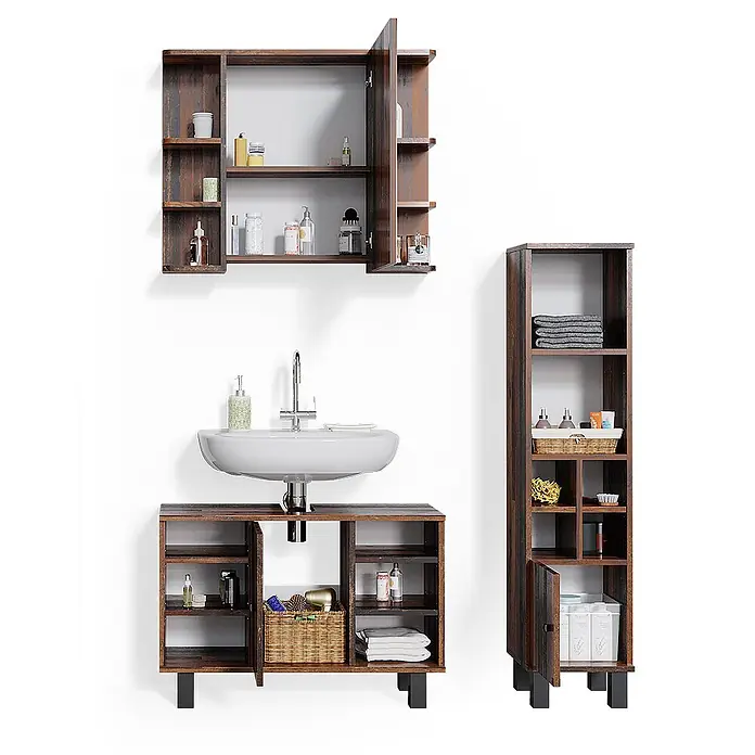 Vicco Badmöbel-Set Fynn Eiche rustikal 3 Teile, mit Midischrank Tür klein - Gesamtbreite Badmöbel: 110 cm, Eiche rustikal, Matt - Dreiteiliges Badezimmermöbel-Set aus dunklem Holz: Wandschrank, Waschbeckenunterschrank und hoher Stauraumschrank.