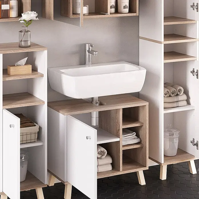 Vicco Badmöbel-Set Senyo Weiß 5 Teile, mit Hochschrank - Gesamtbreite Badmöbel: 120 cm, Weiß, Matt - Badezimmermöbel-Set in Weiß und hellem Holz mit Waschbecken, Waschtisch und verschiedenen Lagerschränken.