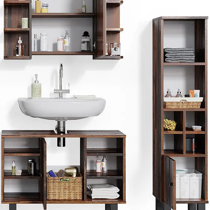 Vicco Badmöbel-Set Fynn Eiche rustikal 3 Teile, mit Midischrank Tür klein - Gesamtbreite Badmöbel: 110 cm, Eiche rustikal, Matt - Dunkles Holz-Badezimmer-Set mit Waschbecken, Wandschrank und hohem Stauraumschrank.
