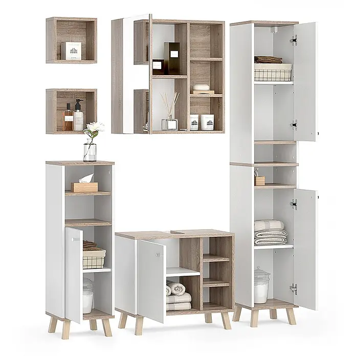 Vicco Badmöbel-Set Senyo Weiß 5 Teile, mit Hochschrank - Gesamtbreite Badmöbel: 120 cm, Weiß, Matt - Modulares Badmöbel-Set in Weiß und heller Eiche, mit Wandregalen, Spiegelschrank und Standregalen.