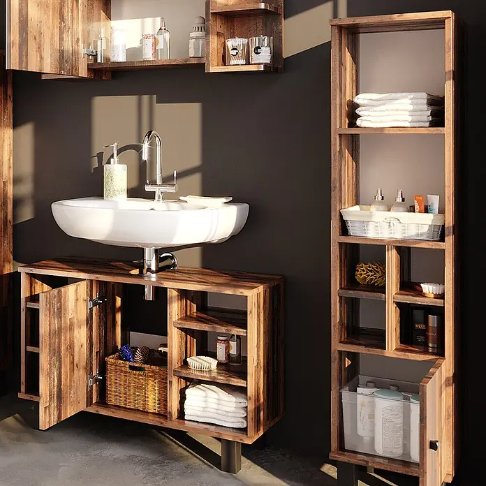 Vicco Badmöbel-Set Fynn Eiche rustikal 3 Teile, mit Midischrank Tür klein - Gesamtbreite Badmöbel: 110 cm, Eiche rustikal, Matt - Rustikaler Waschtisch aus Holz mit Waschbecken und passendem Hochschrank, für Handtücher und Pflegeprodukte.
