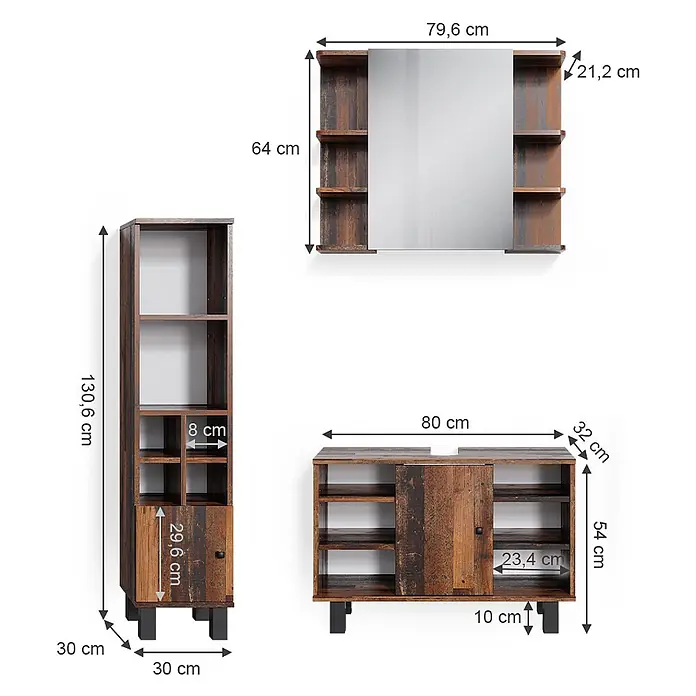Vicco Badmöbel-Set Fynn Eiche rustikal 3 Teile, mit Midischrank Tür klein - Gesamtbreite Badmöbel: 110 cm, Eiche rustikal, Matt - Badezimmerset aus dunklem Holz: Hochschrank, Spiegelschrank und Waschtischunterschrank mit rustikalem Finish.