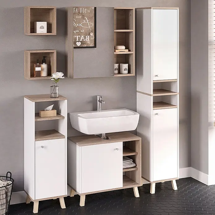 Vicco Badmöbel-Set Senyo Weiß 5 Teile, mit Hochschrank - Gesamtbreite Badmöbel: 120 cm, Weiß, Matt - Modernes Badezimmermöbelset in Weiß und heller Holzoptik, bestehend aus Waschtischunterschrank, Hochschrank, Spiegelschrank und Stauraumelementen.
