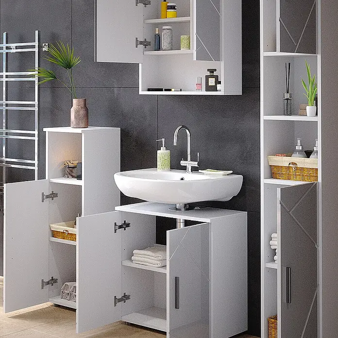 Vicco Badmöbel-Set Irma Weiß Hochglanz 4 Teile, mit Hochschrank - Gesamtbreite Badmöbel: 120 cm, Weiß Hochglanz, Glänzend - Modernes weißes Badmöbel-Set mit Waschbeckenunterschrank, Wandschrank und verschiedenen Aufbewahrungseinheiten.