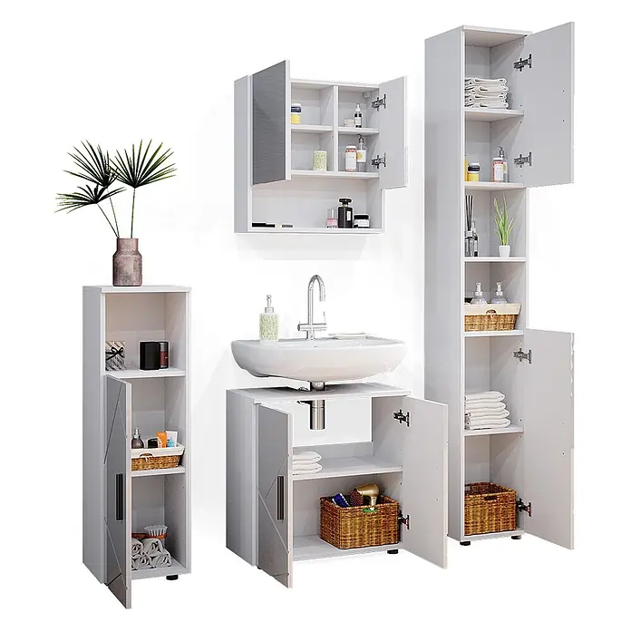 Vicco Badmöbel-Set Irma Weiß Hochglanz 4 Teile, mit Hochschrank - Gesamtbreite Badmöbel: 120 cm, Weiß Hochglanz, Glänzend - Weißes Badmöbelset mit Waschtischunterschrank, Spiegelschrank und mehreren Aufbewahrungsschränken.