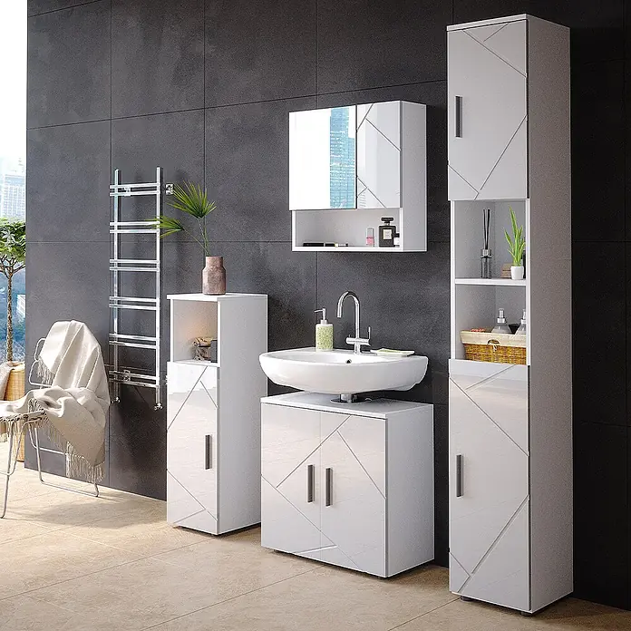 Vicco Badmöbel-Set Irma Weiß Hochglanz 4 Teile, mit Hochschrank - Gesamtbreite Badmöbel: 120 cm, Weiß Hochglanz, Glänzend - Weißglänzendes Badezimmermöbelset mit geometrischem Muster, bestehend aus Waschbeckenschrank, Hochschrank und Beistellschrank.