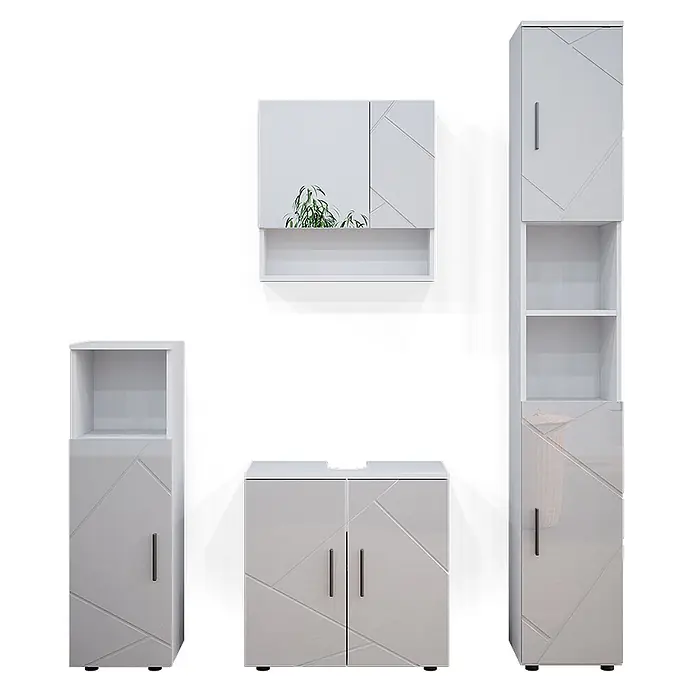 Vicco Badmöbel-Set Irma Weiß Hochglanz 4 Teile, mit Hochschrank - Gesamtbreite Badmöbel: 120 cm, Weiß Hochglanz, Glänzend - Hellgraues Badmöbel-Set mit geometrischem Muster, bestehend aus Spiegelschrank, Hochschränken und Waschbeckenunterschrank.