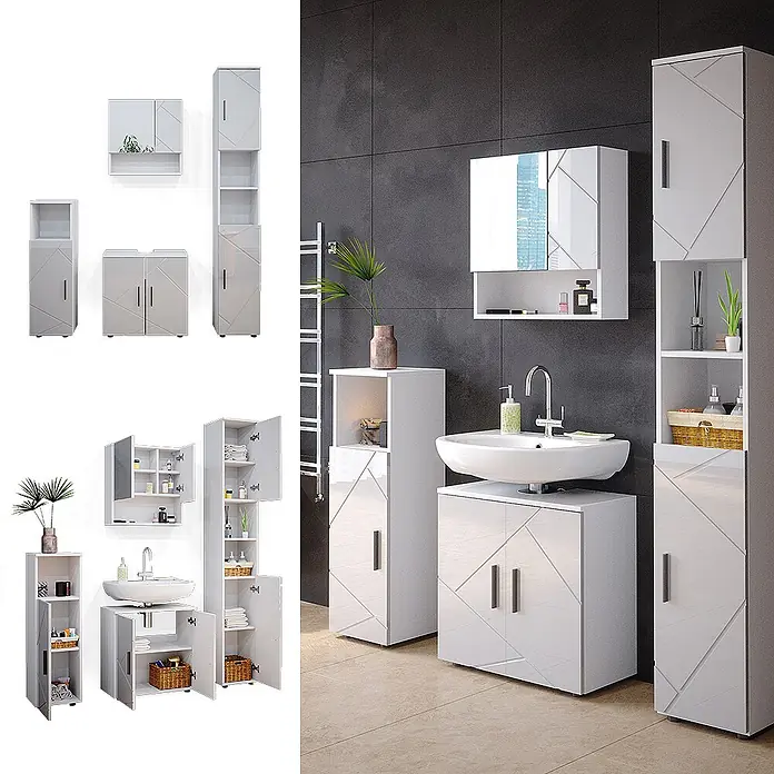 Vicco Badmöbel-Set Irma Weiß Hochglanz 4 Teile, mit Hochschrank - Gesamtbreite Badmöbel: 120 cm, Weiß Hochglanz, Glänzend - Weißes, glänzendes Badmöbelset mit geometrischem Muster, bietet vielseitigen Stauraum.