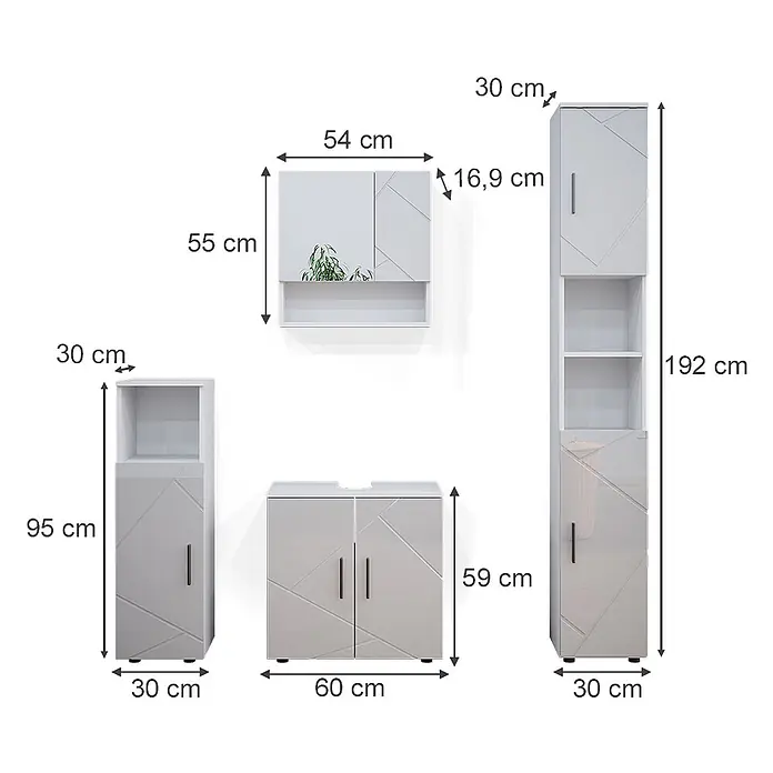 Vicco Badmöbel-Set Irma Weiß Hochglanz 4 Teile, mit Hochschrank - Gesamtbreite Badmöbel: 120 cm, Weiß Hochglanz, Glänzend - Weißes Badezimmermöbelset mit geometrischen Mustern, bestehend aus Wand-, Hochschrank, Waschtisch- und Unterschrank zur Aufbewahrung.