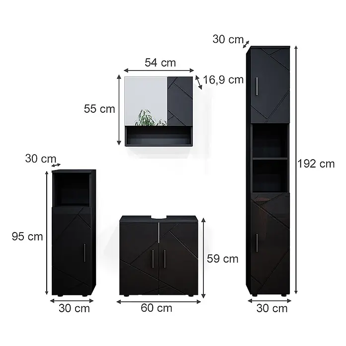 Vicco Badmöbel-Set Irma Anthrazit Hochglanz 4 Teile, mit Hochschrank - Gesamtbreite Badmöbel: 120 cm, Anthrazit Hochglanz, Glänzend - Dunkelgraue Badmöbelgarnitur mit geometrischem Design, inklusive Hochschrank, Waschtischunterschrank und Spiegelschrank.