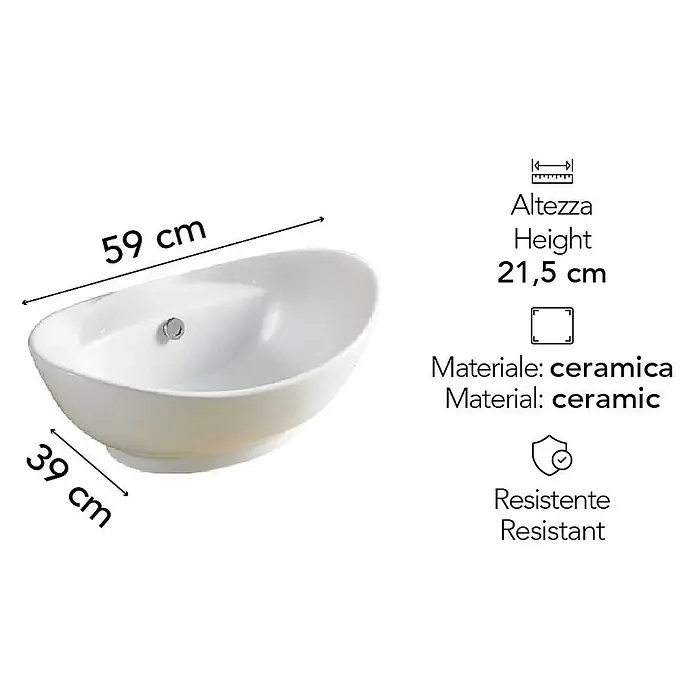 Kiamami Valentina Aufsatzwaschbecken - 39 x 59 cm, Weiß - Weißes Keramik-Waschbecken, 59x39 cm, 21,5 cm hoch.