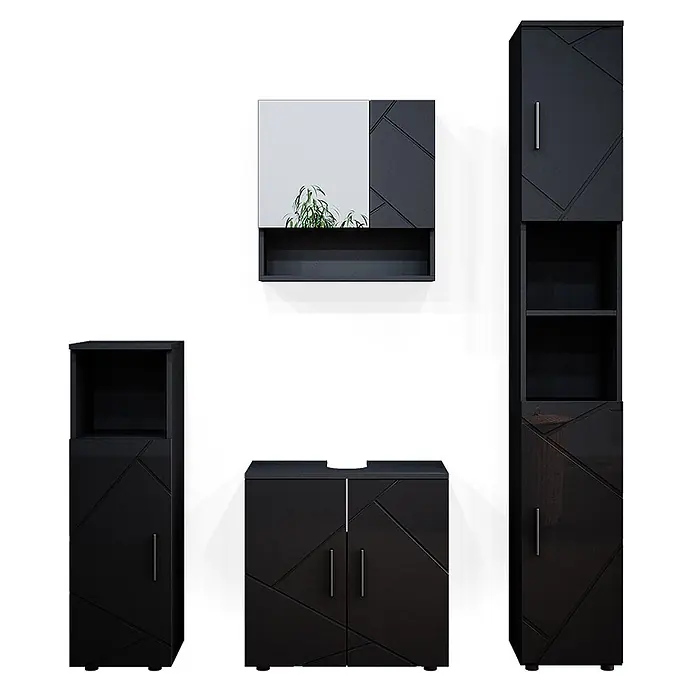 Vicco Badmöbel-Set Irma Anthrazit Hochglanz 4 Teile, mit Hochschrank - Gesamtbreite Badmöbel: 120 cm, Anthrazit Hochglanz, Glänzend - Schwarze Badmöbel-Garnitur mit geometrischem Muster, bestehend aus Spiegelschrank, Waschbeckenunterschrank und Hochschränken.