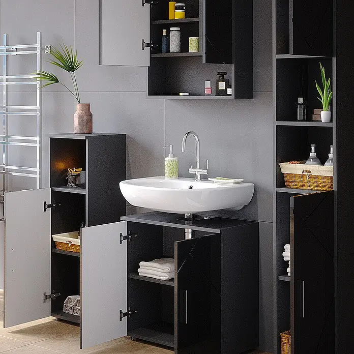 Vicco Badmöbel-Set Irma Anthrazit Hochglanz 4 Teile, mit Hochschrank - Gesamtbreite Badmöbel: 120 cm, Anthrazit Hochglanz, Glänzend - Modernes Badezimmermöbelset in Dunkelgrau und Schwarz mit weißem Waschbecken, bietet viel Stauraum durch offene Regale und Schränke.