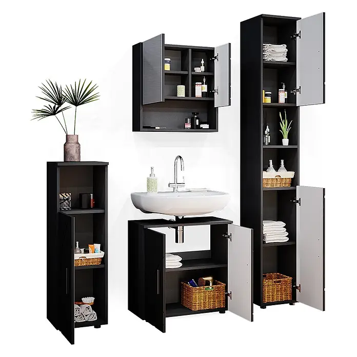 Vicco Badmöbel-Set Irma Anthrazit Hochglanz 4 Teile, mit Hochschrank - Gesamtbreite Badmöbel: 120 cm, Anthrazit Hochglanz, Glänzend - Schwarzes Badschrank-Set mit weißem Waschbecken, inklusive Wand-, Waschtisch-, Hoch- und schmalen Unterschränken mit geöffneten Türen.