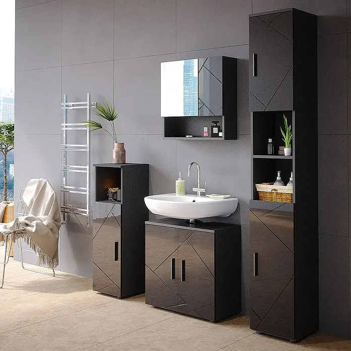 Vicco Badmöbel-Set Irma Anthrazit Hochglanz 4 Teile, mit Hochschrank - Gesamtbreite Badmöbel: 120 cm, Anthrazit Hochglanz, Glänzend - Schwarze Hochglanz-Badmöbelgarnitur mit geometrischen Diagonalmustern. Umfasst Waschtischunterschrank, Hochschränke und Beistellschrank mit Chromgriffen.