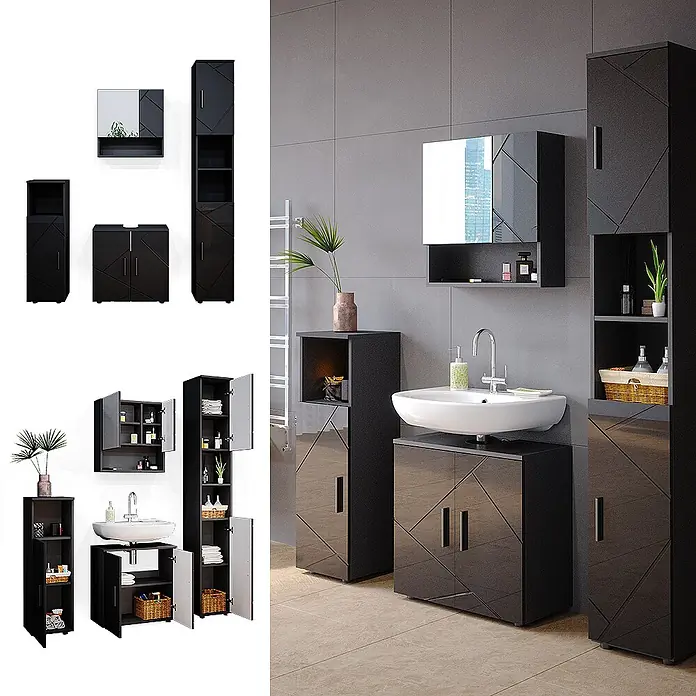 Vicco Badmöbel-Set Irma Anthrazit Hochglanz 4 Teile, mit Hochschrank - Gesamtbreite Badmöbel: 120 cm, Anthrazit Hochglanz, Glänzend - Schwarzes Badmöbel-Set mit geometrischem Muster, bestehend aus Waschtisch, Hochschrank und Spiegelschrank, in einem modernen Badezimmer.