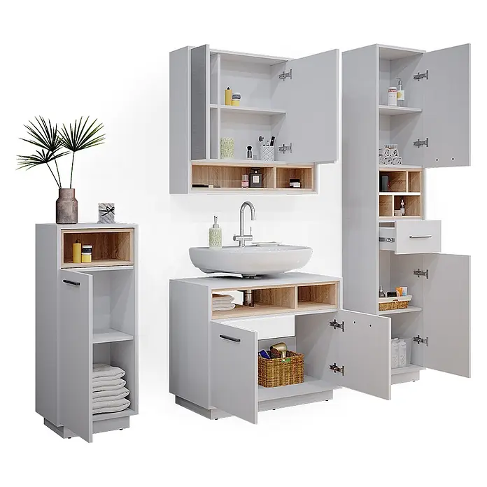 Vicco Badmöbel-Set Beatrice Weiß 4 Teile - Gesamtbreite Badmöbel: 156 cm, Weiß, Matt - Weißes und naturfarbenes Badmöbel-Set mit Waschtisch, Hängeschrank und verschiedenen Stauraum-Einheiten, teils mit geöffneten Türen.