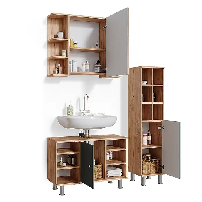 Vicco Badmöbel-Set Fynn Grün 3 Teile, mit Midischrank Tür groß - Gesamtbreite Badmöbel: 110 cm, Grün, Matt - Badezimmermöbel-Set aus hellem Holz mit Waschbecken, Hängeschrank, Waschtischunterschrank und Hochschrank, teils mit grauen Türen.
