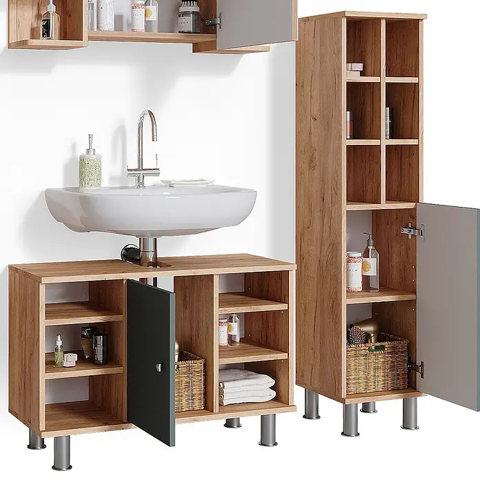 Vicco Badmöbel-Set Fynn Grün 3 Teile, mit Midischrank Tür groß - Gesamtbreite Badmöbel: 110 cm, Grün, Matt - Badezimmermöbel-Set aus hellem Holz mit Waschbeckenunterschrank, Wandschrank und hohem Schrank, teils mit grauen Türen.