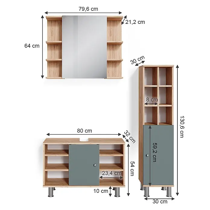 Vicco Badmöbel-Set Fynn Grün 3 Teile, mit Midischrank Tür groß - Gesamtbreite Badmöbel: 110 cm, Grün, Matt - Badezimmermöbel-Set aus hellem Holz mit grauen Akzenten, bestehend aus Spiegelschrank, Waschtischunterschrank und Hochschrank, mit Maßen.