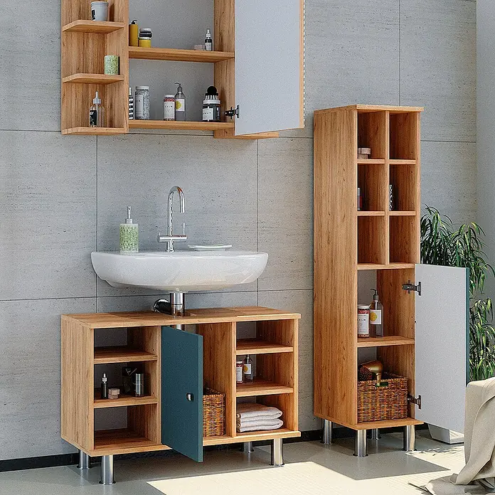 Vicco Badmöbel-Set Fynn Grün 3 Teile, mit Midischrank Tür groß - Gesamtbreite Badmöbel: 110 cm, Grün, Matt - Badmöbel-Set aus hellem Holz mit offenen Fächern, blau-grauen und weiß-grauen Türen und Waschbecken.