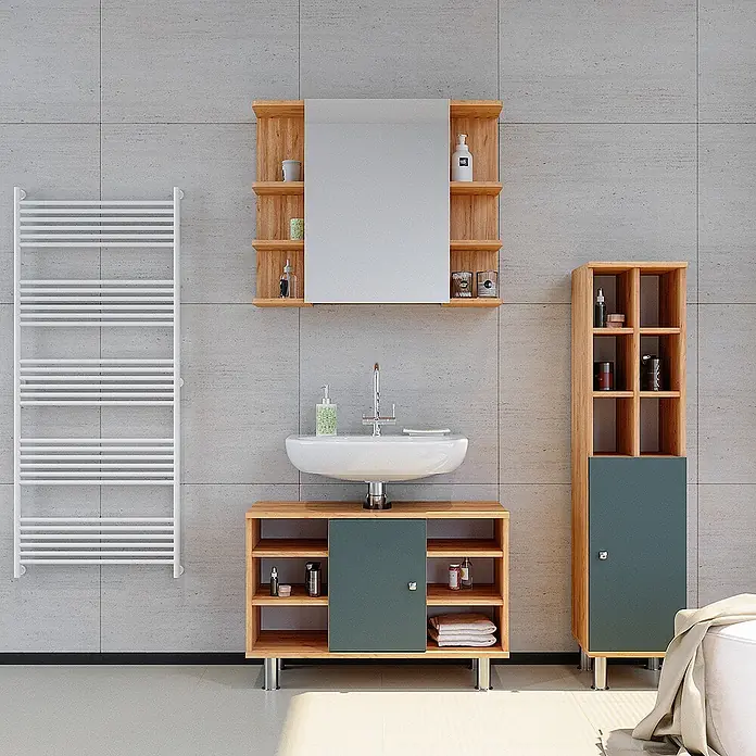 Vicco Badmöbel-Set Fynn Grün 3 Teile, mit Midischrank Tür groß - Gesamtbreite Badmöbel: 110 cm, Grün, Matt - Badmöbelset aus Holz mit dunkelgrünen Akzenten, bestehend aus Waschtischunterschrank und hohem Schrank.