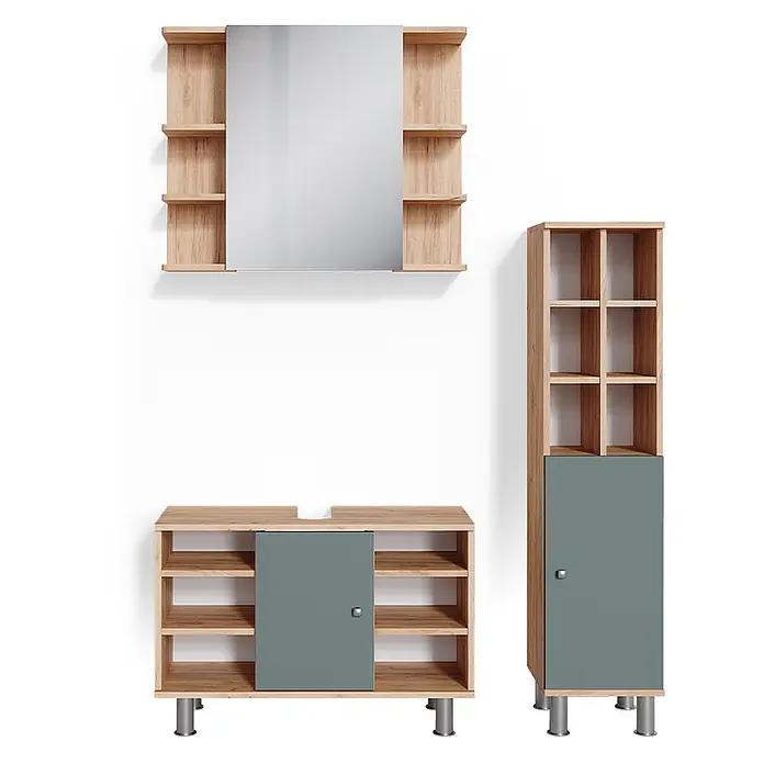 Vicco Badmöbel-Set Fynn Grün 3 Teile, mit Midischrank Tür groß - Gesamtbreite Badmöbel: 110 cm, Grün, Matt - Modernes Badezimmermöbel-Set: heller Holzspiegelschrank, Waschtischunterschrank und Hochschrank mit mattgrau/grünen Akzenten.