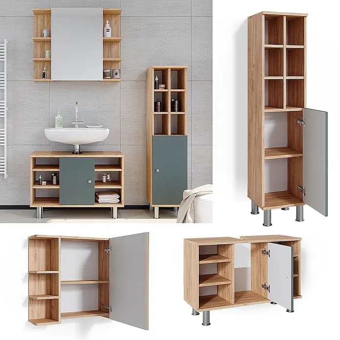 Vicco Badmöbel-Set Fynn Grün 3 Teile, mit Midischrank Tür groß - Gesamtbreite Badmöbel: 110 cm, Grün, Matt - Badezimmermöbel-Set aus hellem Holz mit grauen Elementen: Waschtisch, Hochschrank, Spiegelschrank.