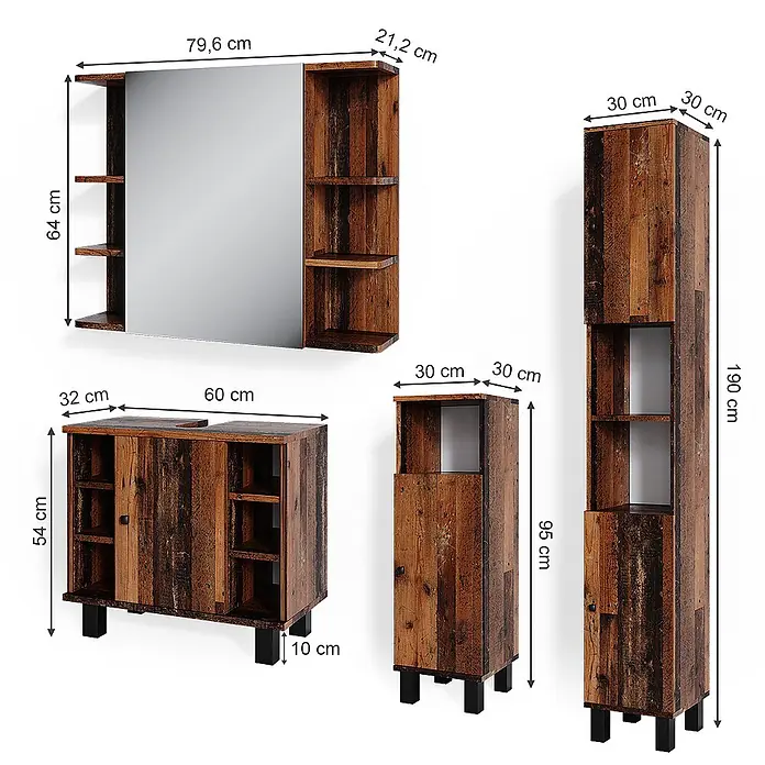 Vicco Badmöbel-Set Fynn Eiche rustikal 4 Teile - Gesamtbreite Badmöbel: 120 cm, Eiche rustikal, Matt - Rustikales Badezimmermöbel-Set in Holzoptik: Spiegelschrank, Waschtischunterschrank und zwei Hochschränke.