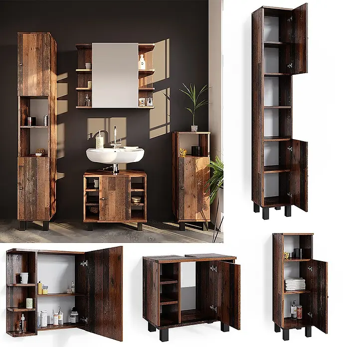Vicco Badmöbel-Set Fynn Eiche rustikal 4 Teile - Gesamtbreite Badmöbel: 120 cm, Eiche rustikal, Matt - Rustikales Badezimmermöbel-Set aus dunklem Holz: hoher Schrank, Waschtischunterschrank, Spiegelschrank und Beistellschrank mit Regalen.
