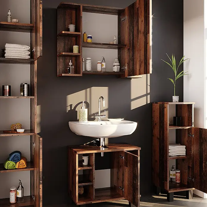 Vicco Badmöbel-Set Fynn Eiche rustikal 4 Teile - Gesamtbreite Badmöbel: 120 cm, Eiche rustikal, Matt - Rustikale Badezimmermöbel aus dunklem Holz, bestehend aus Wandschrank, Waschtisch und Regalen, in einem modernen Bad.