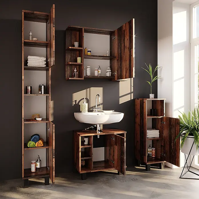 Vicco Badmöbel-Set Fynn Eiche rustikal 4 Teile - Gesamtbreite Badmöbel: 120 cm, Eiche rustikal, Matt - Rustikales Badmöbel-Set aus dunklem Holz mit Waschtisch, Hochschrank, Spiegelschrank und Seitenablagen.
