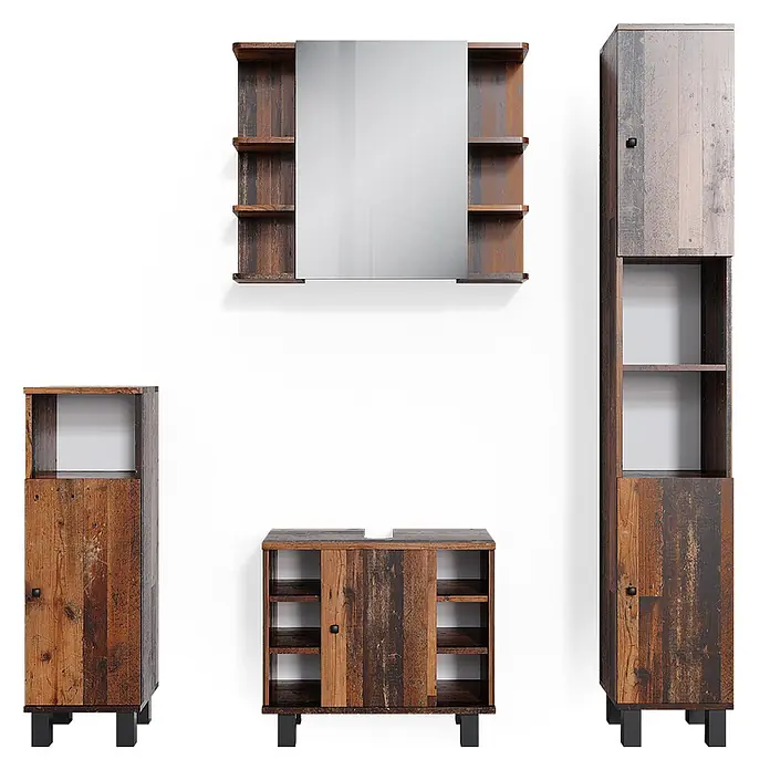 Vicco Badmöbel-Set Fynn Eiche rustikal 4 Teile - Gesamtbreite Badmöbel: 120 cm, Eiche rustikal, Matt - Set rustikaler Badezimmermöbel aus dunklem Holz mit Spiegelschrank, Hochschrank und Unterschränken.