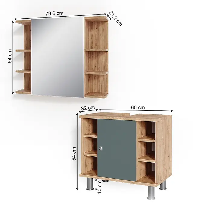 Vicco Badmöbel-Set Fynn Grün 2 Teile - Gesamtbreite Badmöbel: 60 cm, Grün, Matt - Badezimmerset aus Holzoptik mit grauer Tür und passendem Spiegelschrank mit offenen Regalen. Maße angegeben.