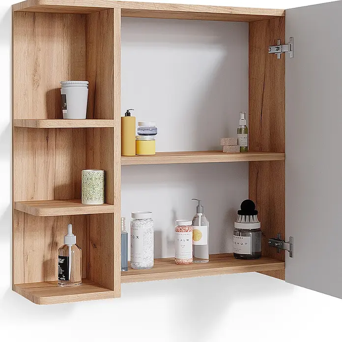 Vicco Badmöbel-Set Fynn Grün 2 Teile - Gesamtbreite Badmöbel: 60 cm, Grün, Matt - Wandmontierter Badezimmerschrank aus hellem Holz mit offenen Fächern und einer Flügeltür.