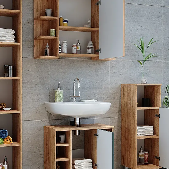 Vicco Badmöbel-Set Fynn Grün 2 Teile - Gesamtbreite Badmöbel: 60 cm, Grün, Matt - Möbelset aus Holz für das Badezimmer mit offenen Regalen, geschlossenen Schränken und einem Waschtisch, bietet viel Stauraum.