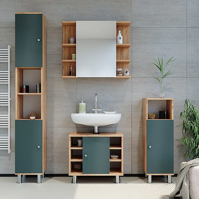 Vicco Badmöbel-Set Fynn Grün 2 Teile - Gesamtbreite Badmöbel: 60 cm, Grün, Matt - Modernes Badmöbelset mit Holzoptik und dunkelgrünen Fronten, bestehend aus Waschtischunterschrank, Hochschrank und Beistellschrank.