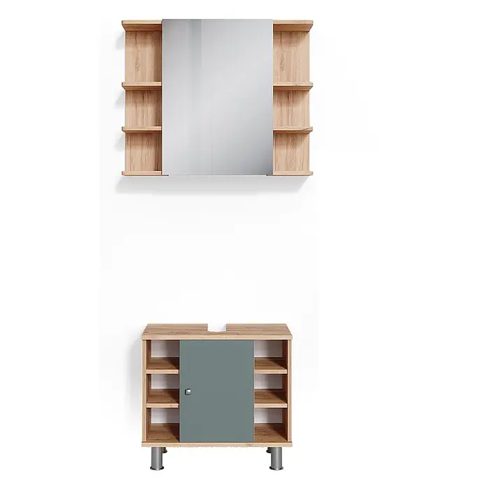 Vicco Badmöbel-Set Fynn Grün 2 Teile - Gesamtbreite Badmöbel: 60 cm, Grün, Matt - Helles Holz Badmöbel-Set: Spiegelschrank mit offenen Regalen und Waschtischunterschrank mit grüner Schiebetür und offenen Regalen.