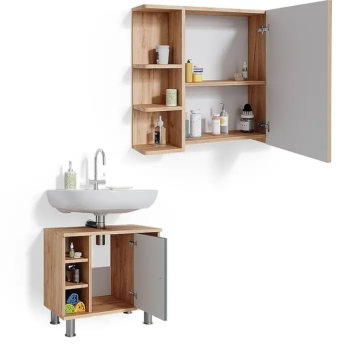 Vicco Badmöbel-Set Fynn Grün 2 Teile - Gesamtbreite Badmöbel: 60 cm, Grün, Matt - Badezimmermöbel-Set aus hellem Holz und Grau, bestehend aus einem Wandschrank und einem Waschbeckenunterschrank mit Spüle, mit offenem und geschlossenem Stauraum.