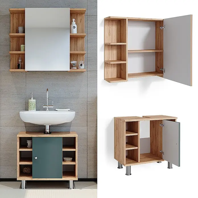 Vicco Badmöbel-Set Fynn Grün 2 Teile - Gesamtbreite Badmöbel: 60 cm, Grün, Matt - Eichenoptik Badmöbel-Set mit Spiegelschrank und Waschbeckenunterschrank, inklusive offener Regale und türkisfarbener Tür.