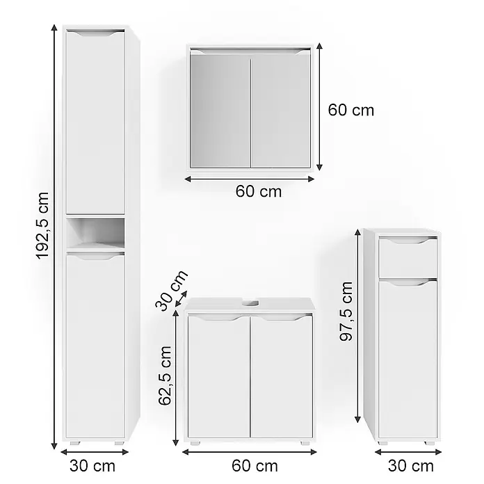Vicco Badmöbel-Set Ruben Weiß 4 Teile - Gesamtbreite Badmöbel: 120 cm, Weiß, Matt - Weißes Badmöbelset inklusive Hochschrank, Wandschrank und Unterschränken, mit Maßen dargestellt.